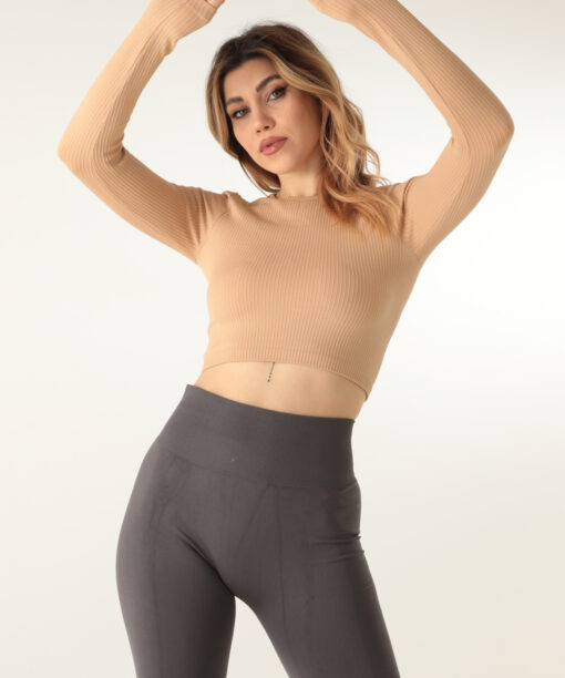 Uzun Kollu Bisiklet Yaka Fitilli Crop Büstiyer - 2
