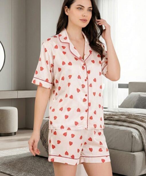 Kadın Kalp Baskılı Saten Şortlu Pijama Takımı - 2