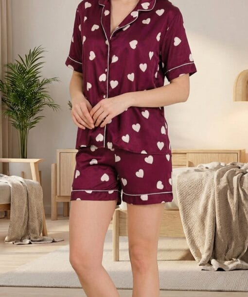 Kalp Baskılı Saten Şortlu Kadın Pijama Takımı - 2