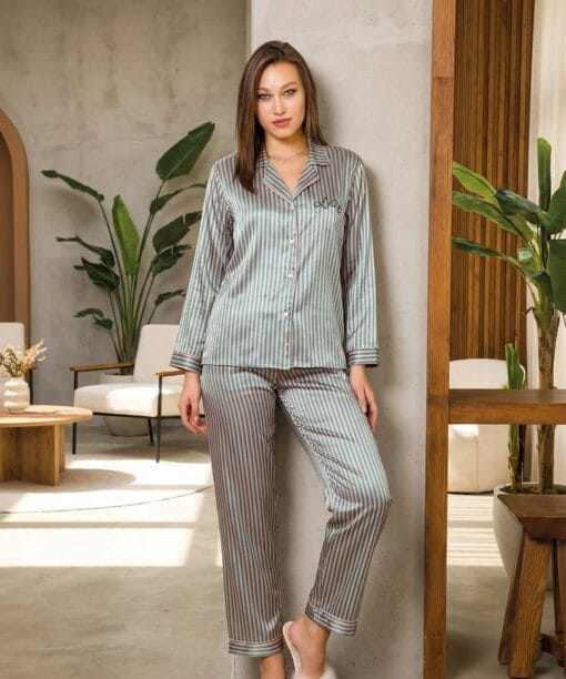 Kadın Çizgili Saten Pijama Şort Takımı