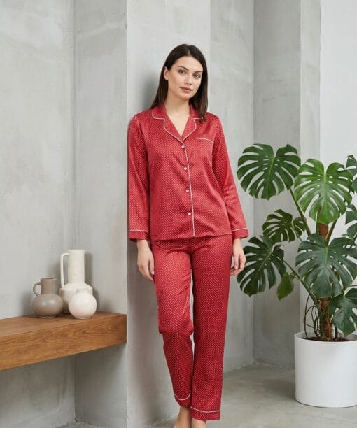 Kırmızı Puantiyeli Saten Şortlu Pijama Takımı