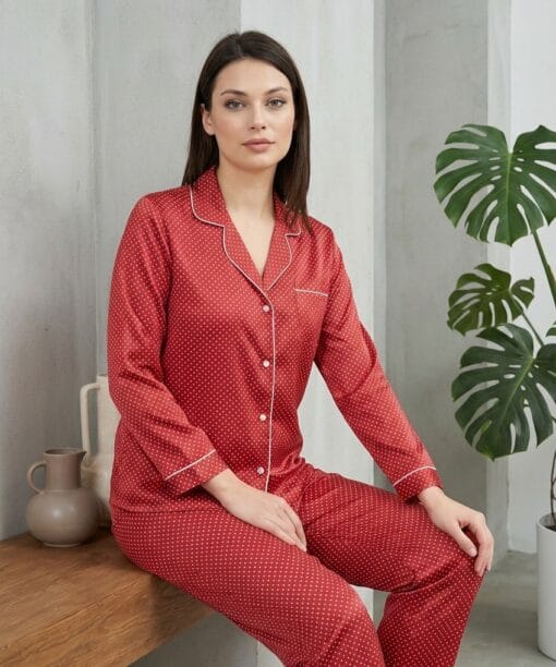 Kırmızı Puantiyeli Saten Şortlu Pijama Takımı - 2