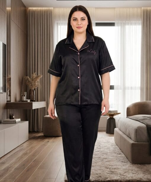 Büyük Beden Siyah Saten Kısa Kol Pijama Takımı