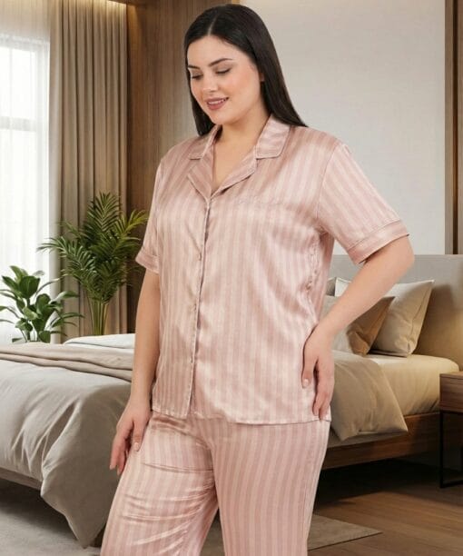 Büyük Beden Çizgili Saten Kısa Kol Pijama Takımı - 2